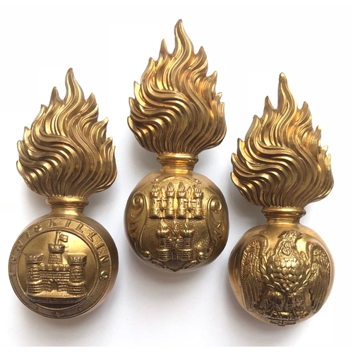 313 - 3 Irish post 1881 fusilier fur cap grenades.  Royal Dublin Fusiliers ... Royal Inniskilling Fusilier... 