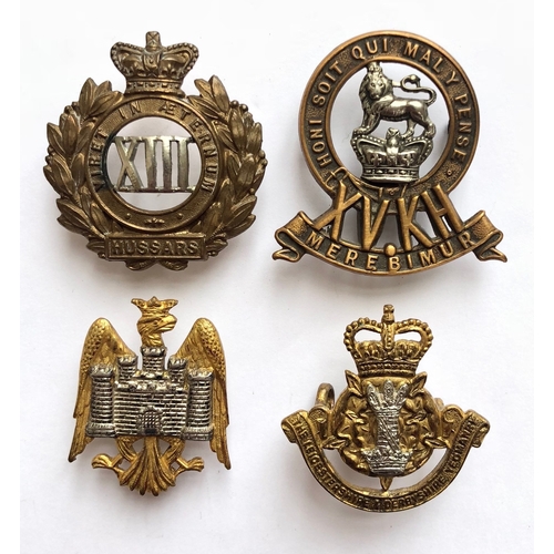 2 Victorian Cavalry and 2 later Yeomanry Officer's cap badges.  13th Hussars ... 15th King's Hussars ... Bedfordshire Yeomanry ... Leicestershire & Derbyshire Yeomanry QC. All complete with loops.