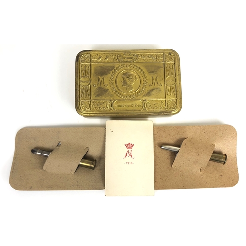 372 - WW1 1914 Princess Mary Gift Tin and Bullet Pencils.  Comprising: Brass Princess Mary Gift Tin. Minut... 