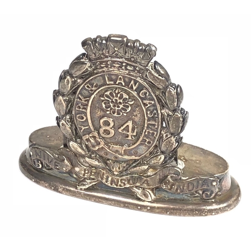 374 - Yorks & Lancs Regiment Silver Menu Holder  / place setting.  This example depicts the regimental dev... 