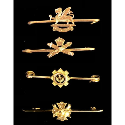 395 - 4 Great War Period Gold Regimental Bar Brooches.  Comprising: The Buffs stamped 9ct. width 4cm ... M... 