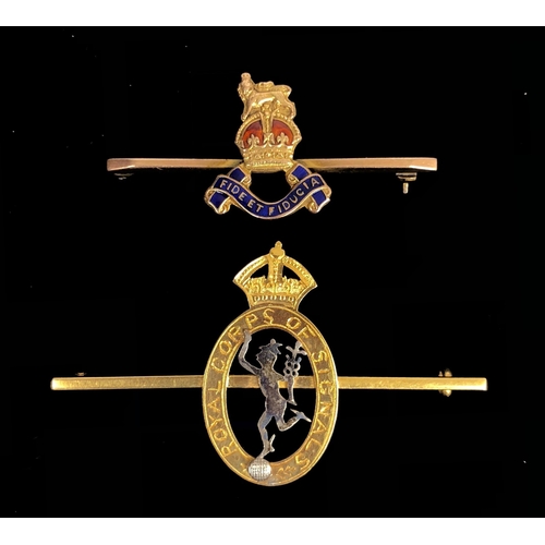 396 - Royal Army Pay Corps and Royal Signals Regimental Sweetheart Broochs.  RAPC gold bar brooch bearing ... 