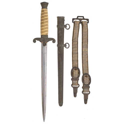 German Third Reich Army Officer's Dagger with straps by WKC, Solingen.  A good example  circa 1935-45 with cream spiral celluloid grip and plain polished double-edged blade etched with WKC (Weyersberg, Kirschbaum & Cie.) knight's helm logo. Plated eagle and swastika cross-guard, oak leaf decoration to pommel and ferrule. Housed in stippled plated scabbard with two suspension rings and foliate lockets. Complete with silver laced, velvet-backed straps with oak leaf ornamented oval buckles and stippled spring-clips.  Service wear, plating dull. GC        Army (Heer) Officer’s dagger was designed by Paul Casburg in 1935.