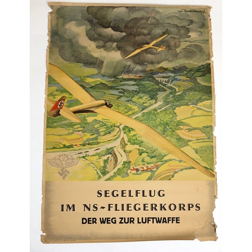 466 - German Third Reich NSFK Glider Poster.  This original poster depicts two gliders flying over the Ger... 