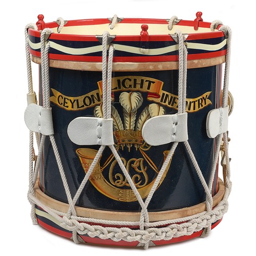 365 - Ceylon Light Infantry display side drum.  A good post war rope tensioned brass example. The dark blu... 