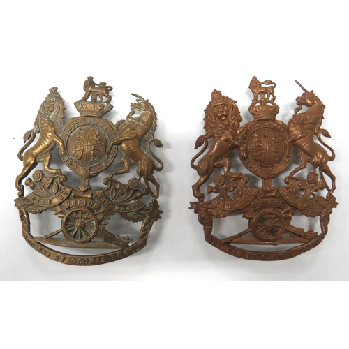 124 - Two Royal  Artillery Home Service Helmet Plates
consisting brass, Vic crown example.  3 rear lugs ..... 