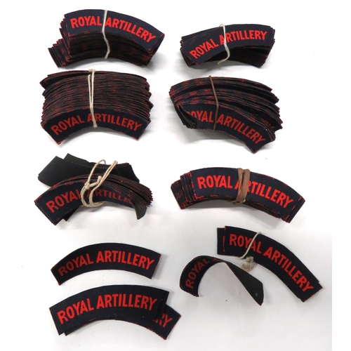 127 - 200+ Printed Royal Artillery Shoulder Titles
printed red on dark blue backing, printed titles.  ... 