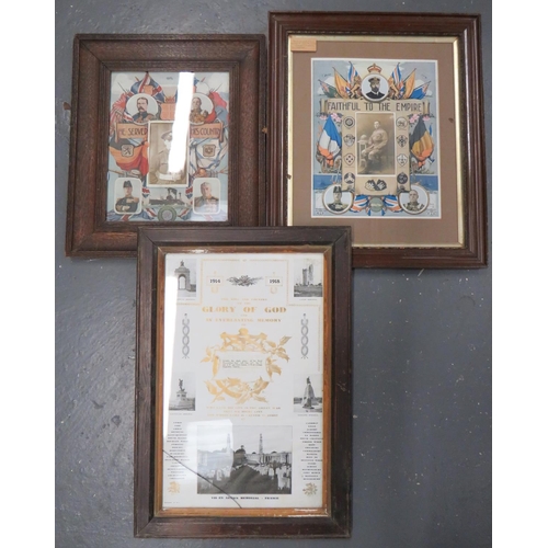 156 - Three WW1 Period Framed Memorial Panels
consisting framed Glory Of God printed memorial to 