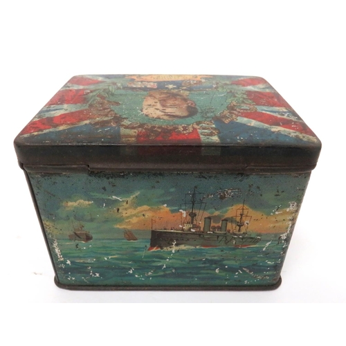 161 - 13 x WW1 And Coronation Tins
including patriotic examples ... Burnsville Cocoa match tin ... King Ge... 