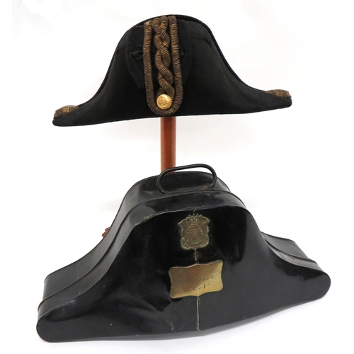 179 - Post 1901 Royal Navy Officer's Bicorn
black beaver bicorn.  Black acorn decorated braid edging.... 