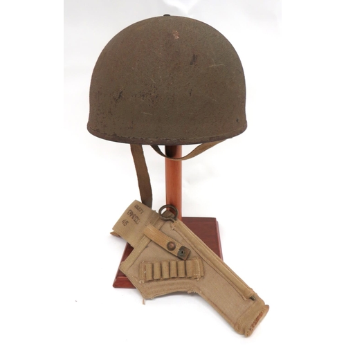 195 - WW2 Dated Armoured Troops Steel Helmet And Holster
green painted, rough texture crown.  Inner, black... 