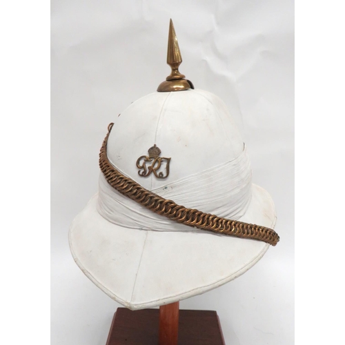 203 - Early 20th Century Indian Solar Topee Pith Helmet
white blancoed, six panel crown, pointed front pea... 