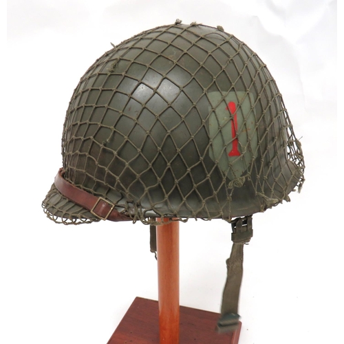 208 - WW2 American Pattern 1st Infantry Division Steel Helmet
green painted shell with lower rear seam bri... 