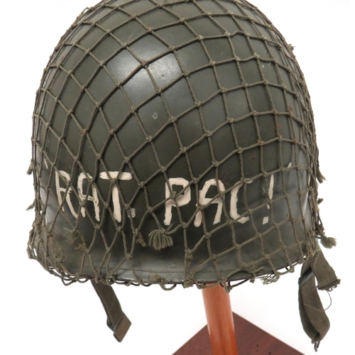 208 - WW2 American Pattern 1st Infantry Division Steel Helmet
green painted shell with lower rear seam bri... 