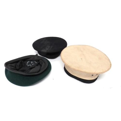 209 - WW2 Green Beret And Two Sailor Caps
consisting green woollen beret.  Large side vent holes. &nb... 