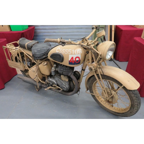 279 - WW2 M20 BSA Motorcycle
sand painted body and framework.  The petrol tank with Royal Signals marking.... 