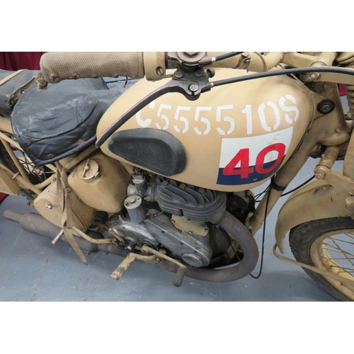 279 - WW2 M20 BSA Motorcycle
sand painted body and framework.  The petrol tank with Royal Signals marking.... 