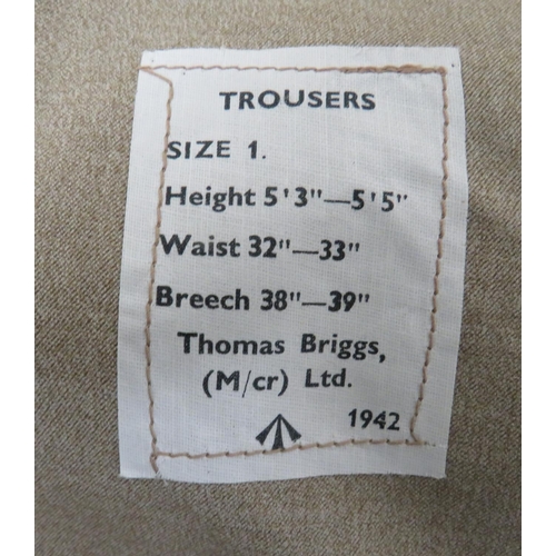 296 - WW2 Dated Khaki Over Trousers
light khaki tan, cotton, wide leg, over trousers.  Front of left leg w... 