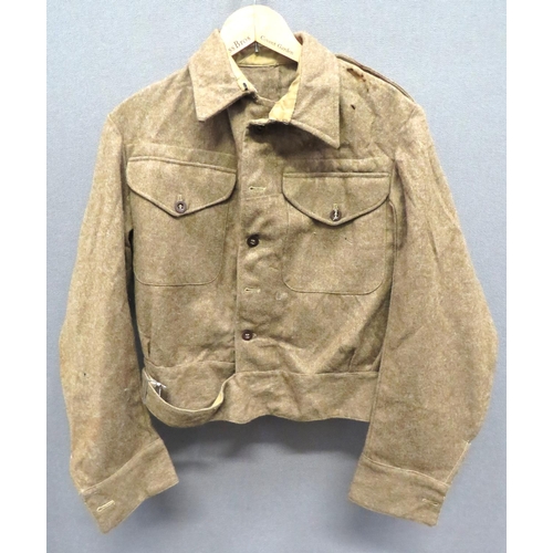 300 - 1940 Pattern Battledress Jacket
khaki woollen, single breasted, closed collar, short jacket.  Lower ... 