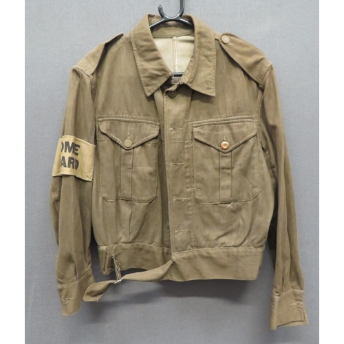 312 - WW2 Dated Home Guard Denim Blouse
green denim, single breasted, closed collar, short jacket.  P... 