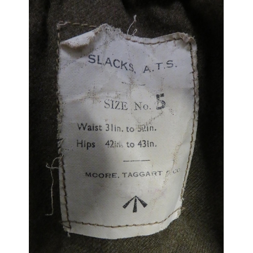 329 - WW2 ATS Battledress Blouse, Slacks And Skirt
khaki, fine woollen, pressed open collar, short jacket.... 