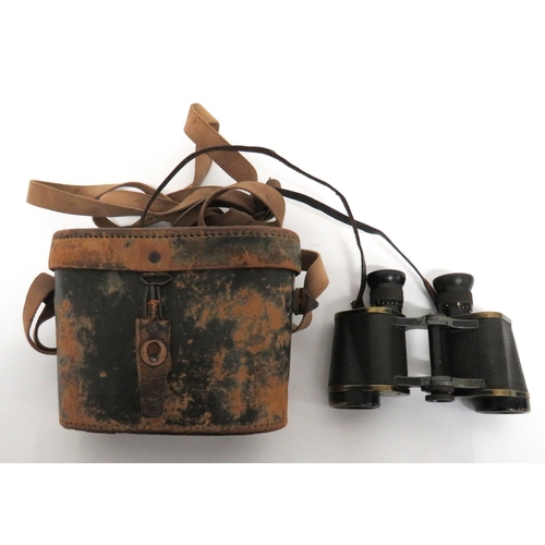 WW1 Period German/Austrian Field Binoculars
black painted brass body with maker "Zeiss Karoly. Gyor"  Dated 8/11/16.  Leather covered body.  Adjustable top lenses.  Complete in their leather covered fibre box.  Canvas strap.  