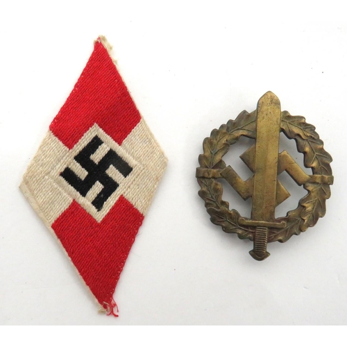 351 - Small Selection Of German Items
including S A Military Sports badge ... Bevo weave Hitler Youth diam... 