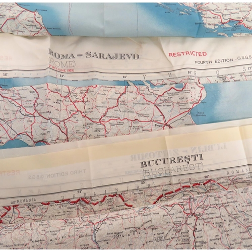 362 - Five Cold War Silk Maps Of Europe
colour printed silk maps covering 4 x Roma-Sarajevo ... Bucuresti ... 