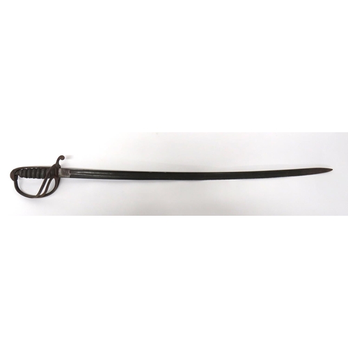 1821 Pattern Cavalry Officer's Sword
33 inch, single edged, slightly curved blade with large fuller. Steel, three bar guard with downturn quillon.  Stepped pommel and plain backstrap.  Shagreen covered, wooden grip with twist wire binding.  Damage to grip top.  Steel with dark patina.  