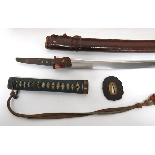 395 - Civilian Katana Sword Used In Military Service
22 1/2 inch, single edged blade with wavy line hammon... 