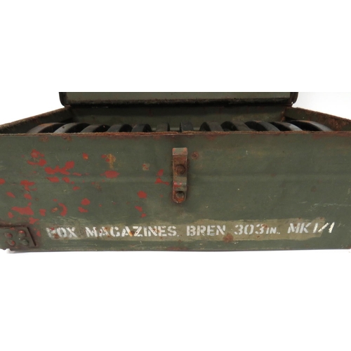 461 - Bren Magazine Box And Contents
green painted transit tin.  The front marked 'Box Magazine Bren ... 