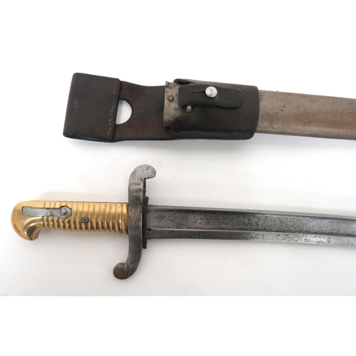 463 - French M1842 Sabre Bayonet
22 1/2 inch, single edged, yataghan blade with wide fuller.  Back ed... 