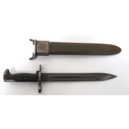 American M1 Garand Knife Bayonet
10 inch, single edged blade with back edge sharpened point.  Forte marked with US flaming grenade and "AFH".  Steel muzzle ring crossguard with release button.  Steel, bird beak pommel.  Black composite, ribbed grip.  Contained in its green fibre scabbard with steel throat marked with US flaming grenade.  
