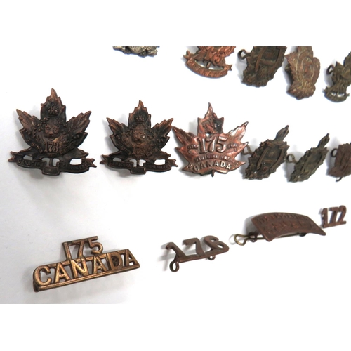 71 - 21 x Canadian WW1 Overseas Battalion Cap, Collars And Titles
cap consist brass KC 178 Batt .... Dark... 