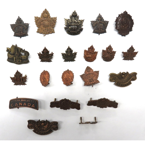 73 - 21 x Canadian WW1 Overseas Battalion Cap, Collars And Titles
cap badges consist darkened KC 195 Sask... 