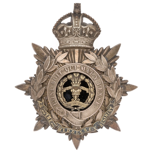 19 - 10th Bn. DCO Middlesex Regiment Officer's helmet plate badge circa 1908.  Fine scarce silvered crown... 