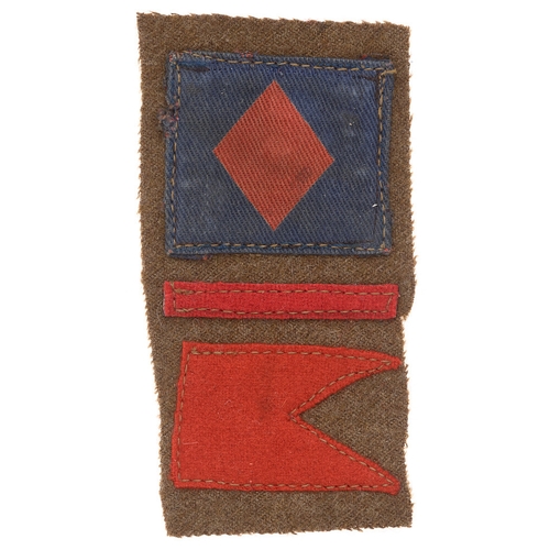 61st Infantry Division, Divisional Headquarters WW2 combination formation sign badge.  Good scarce khaki BD rectangle with printed 61st formation sign over single red felt bar over red felt pennant.      Roughly cut off uniform. GC