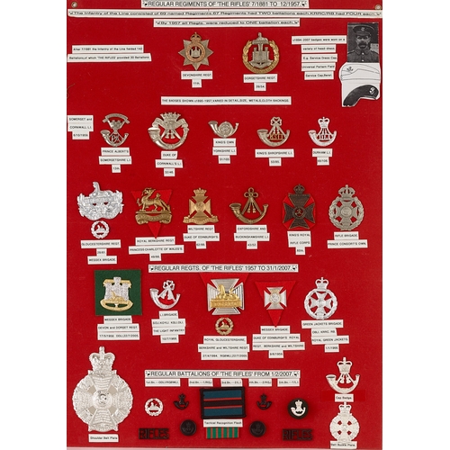 Regular Regiments of The Rifles approx. 33 badges etc. Board with good ...