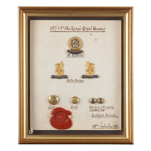 344 - 15th/19th The King's Royal Hussars sealed pattern of Officer's badges.  Card dated 28th September 19... 