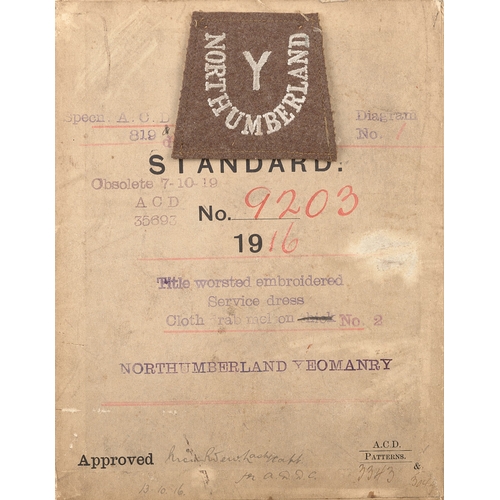 347 - Northumberland Yeomanry WW1 cloth shoulder title badge.  Good rare example attached to Standard card... 