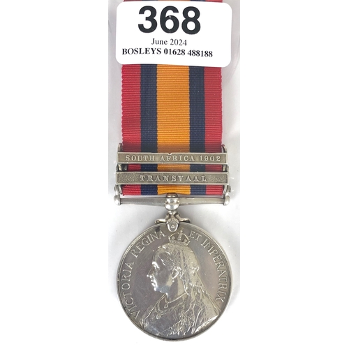 368 - Boer War West Riding Regiment Boer War two clasp Queen's South Africa Medal.  Awarded to 3911 PTE W ... 