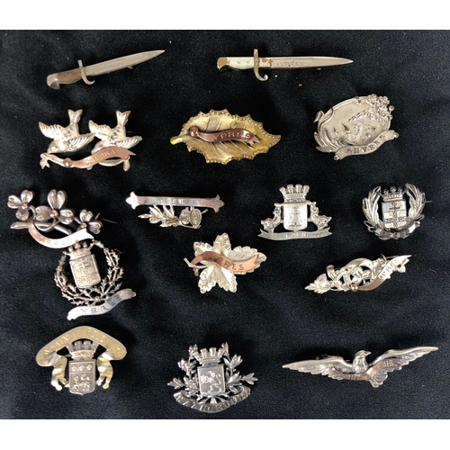 433 - WW1 15 Battle Brooches Including Bayonet Brooches.  Fifteen examples including Ypres, Cambra, Arras ... 