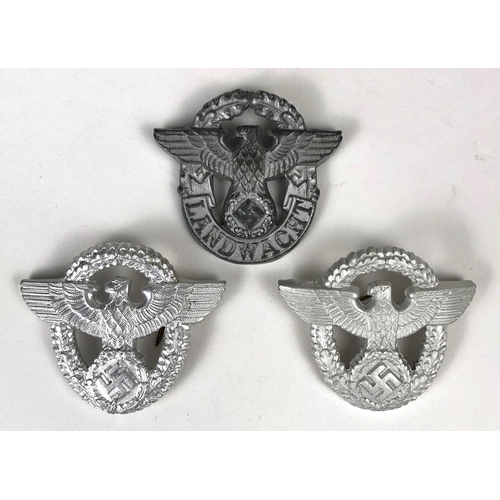 460 - German Third Reich 3 Police cap badges.  2nd pattern die-stamped silver aluminium eagle and swastika... 