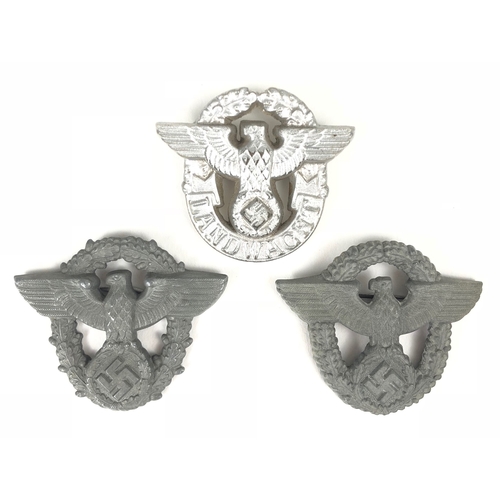 461 - German Third Reich 3 Police cap badges.  2nd pattern die-stamped late war eagle and swastika superim... 