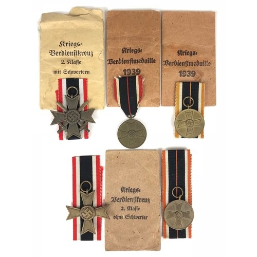 463 - German Third Reich 2 War Merit Crosses and 2 War Merit Medals in packets.  2nd Class with swords wit... 