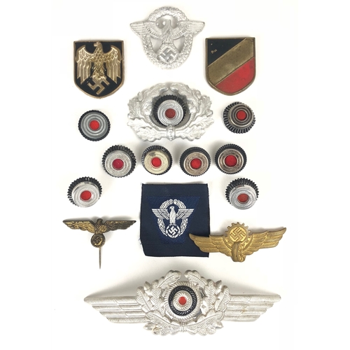 467 - German Third Reich 16 items various head-dress insignia  8 cap roundels ... Army wreath with roundel... 