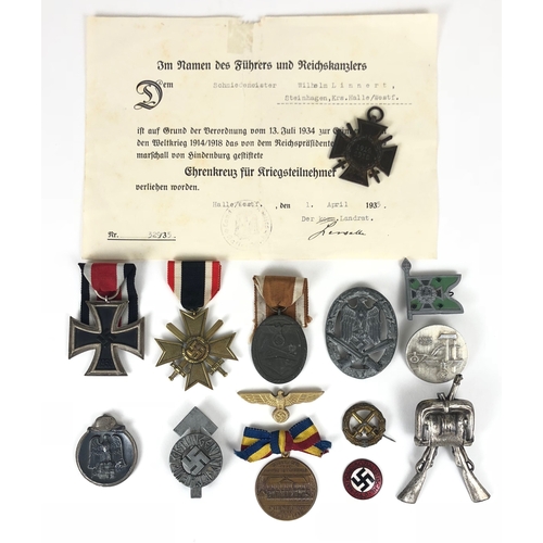 480 - German Third Reich Iron Cross 2nd Class, Hindenburg Cross & certificate plus other badges Iron C... 