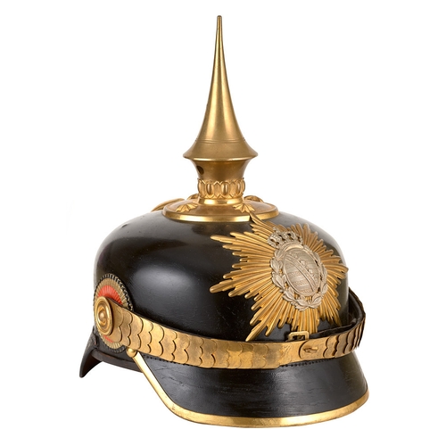 496 - Saxony Imperial German Infantry WW1 Officer's pickelhaube.  Fine scarce example. Skull, gilt metal b... 