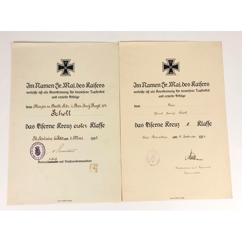 503 - Prussian Imperial German Major's Iron Cross award certificates.  2nd Class awarded to Major Scholl 1... 