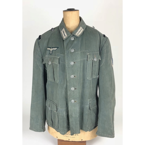 509 - German Third Reich WW2 Army reed green denim Field Service Tunic.  Good scarce four pocket herringbo... 